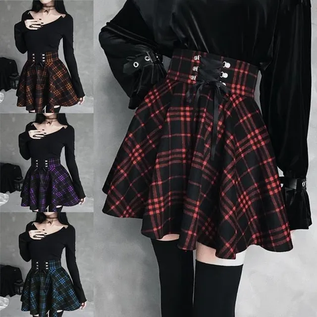 Gothic plaid mini skirt with high lace-up waist