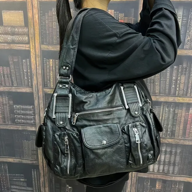 Sac à bandoulière vintage élégant en simili cuir avec plusieurs poches et bandoulière amovible avec fermeture éclair