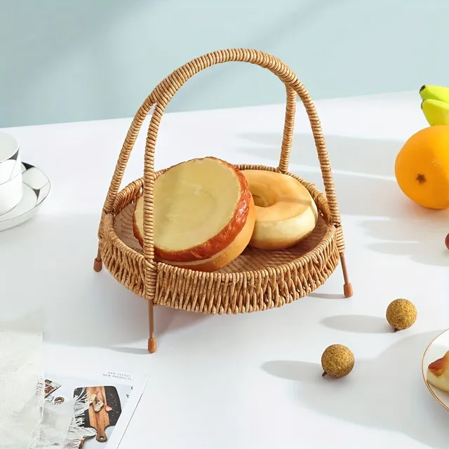 1pc handmade plastic rattan storage basket with handle, round organizer on table, fruit and bread basket, multipurpose woven tray