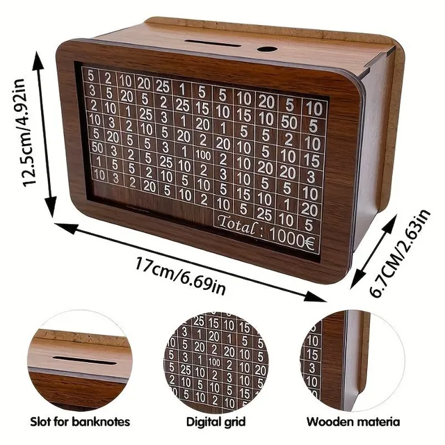 Wooden money box for banknotes and coins with a ticking area with coin amounts