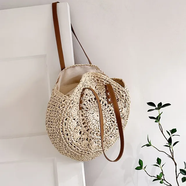 Straw knit casual bag - round shape with double ear, literary beach bag