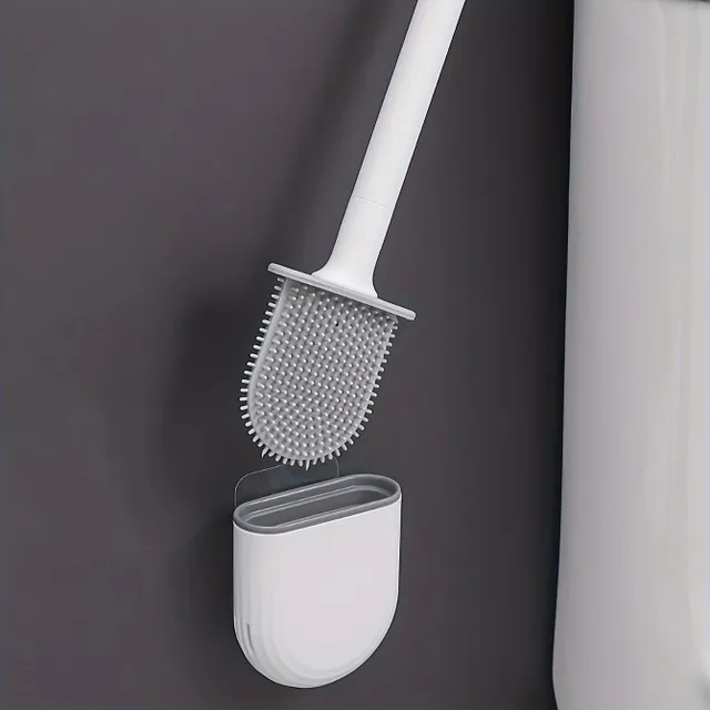 Silicone cleaning brush on toilet with tray, without drilling on wall, for cleaning all corners, suitable for toilets and bathrooms