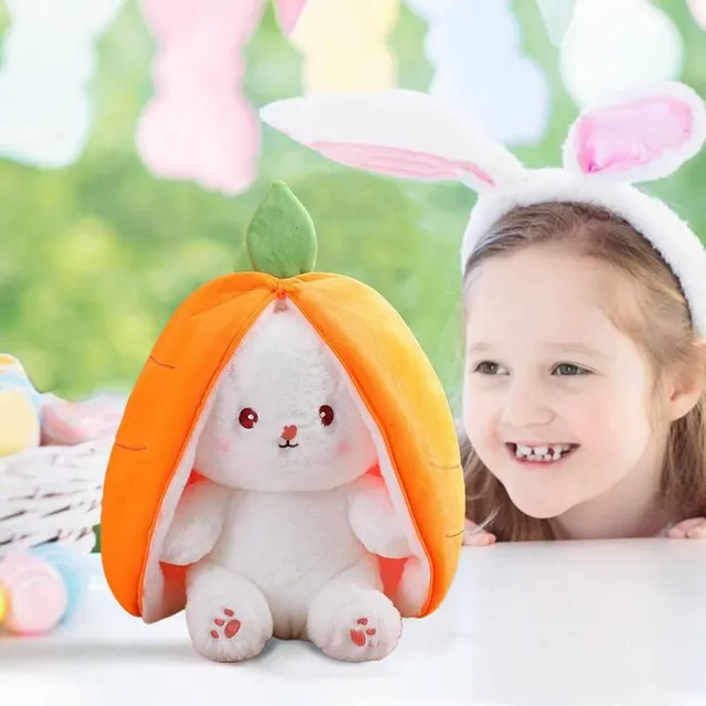 Cute teddy bunny hiding in the packaging of fruit or vegetables