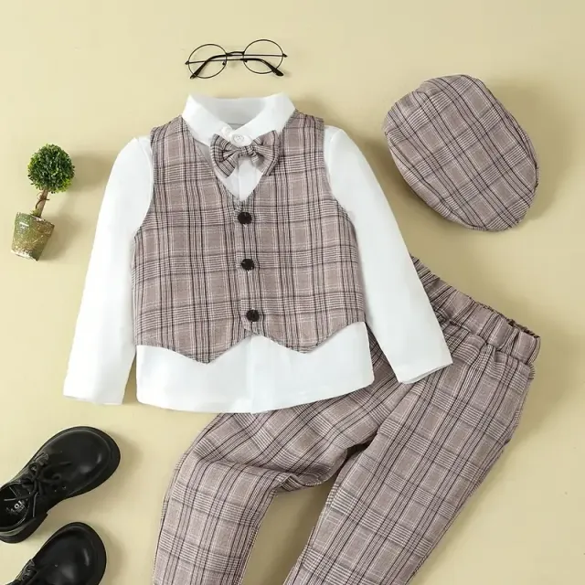 Boys social suit for gentleman - shirt with bow, trousers, vest and hat - set of children's clothes for competition, show, wedding or banquet