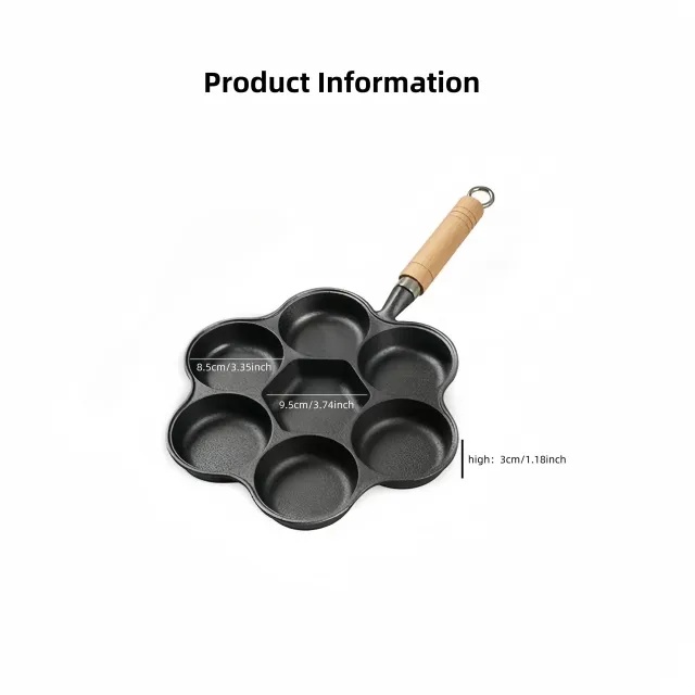 Cast iron omelet pan with 7 flower-shaped holes, deep, non-sticky without surface, with wooden handle