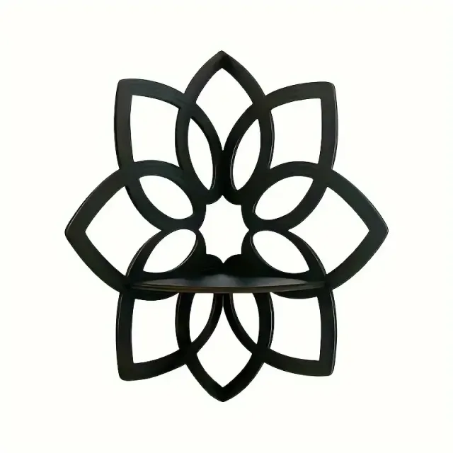 Black mandala floral wooden wall shelf - carved corner display for crystals & stones