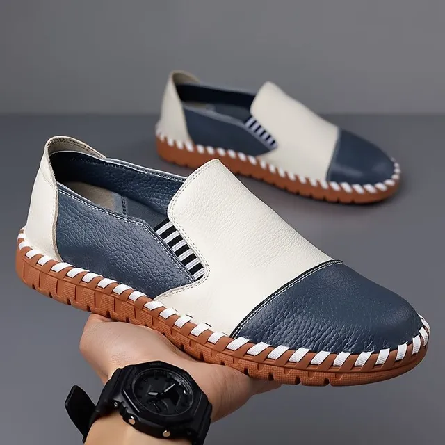 Male fashionable colored blocks slip-on shoes made of beef leather with comfortable anti-slip rubber sole