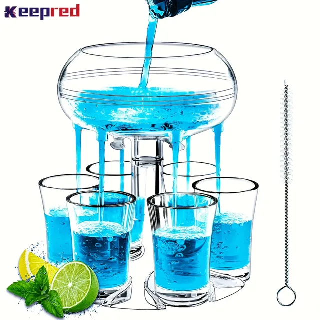 Universal shot dispenser for 6 glasses - adjustable holder for beer and wine glasses - for parties and festivals