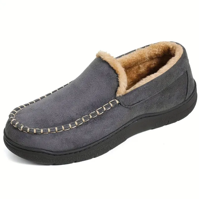 Men's comfortable Venetian loafers with memory foam and warm fleece - non-slip home shoes