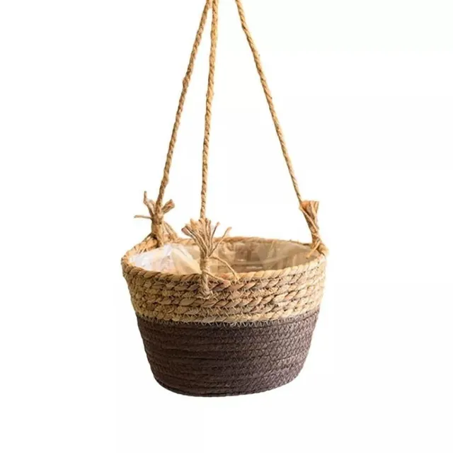 Basket for hanging pot made of woven jute rope