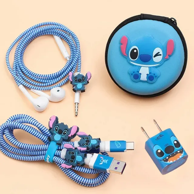 Protective cover for headphones and charger with cover and cable clips in Stitch theme