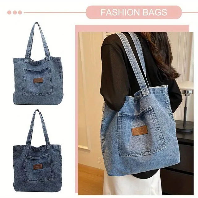 Geantă de pânză cu capacitate mare, tip crossbody din denim