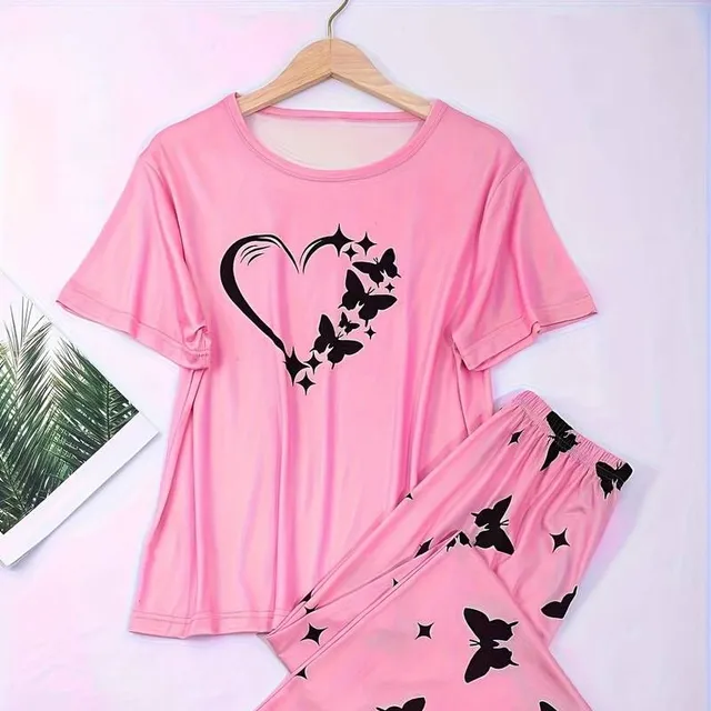 Women's sleeping and lounging kit with the printing of hearts and butterflies: comfortable short sleeve and loose long trousers