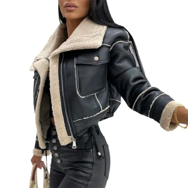 Women's warm jacket with leather patch - short cut, luxury outerwear