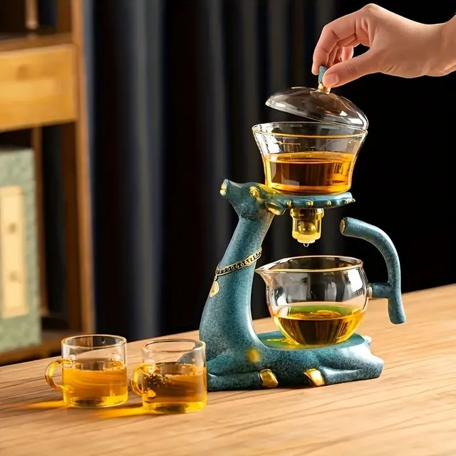 Rotary teapot with deer motif and automatic drip, set for flowering tea