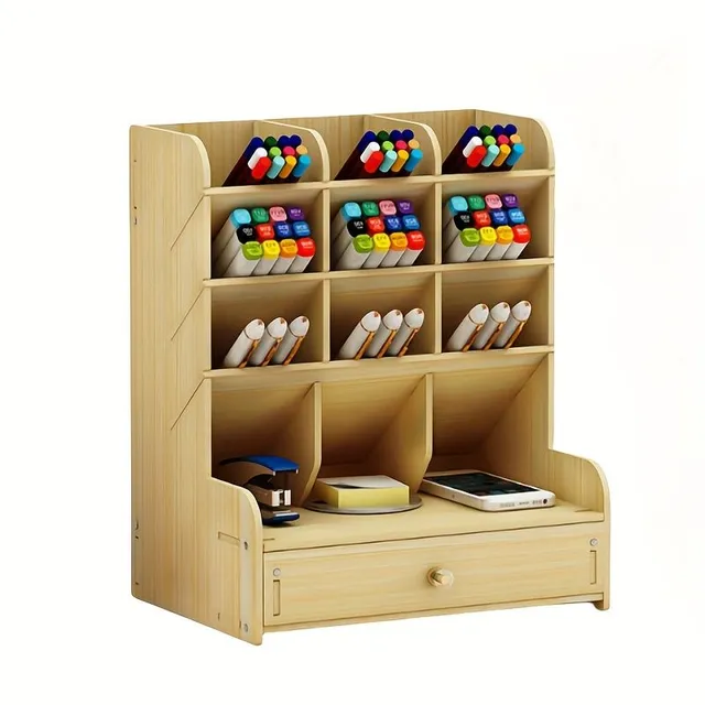 Organizator multifuncțional din lemn pentru articole de papetărie cu compartimente și sertar, ușor de asamblat