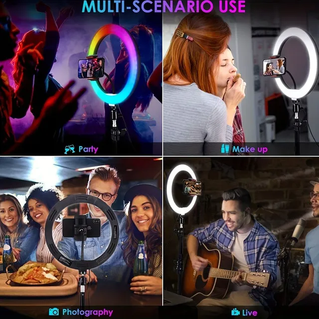 Ringlight for selfies and creation (25.4 cm) with adjustable RGB LED light, tripod and telephone holder