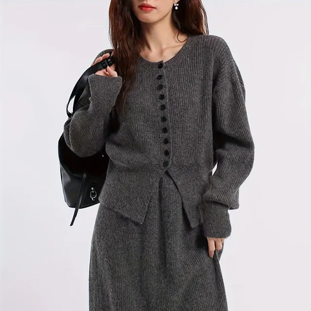 Elegant women's two-piece set - knitted jacket with long sleeve and skirt with high waist