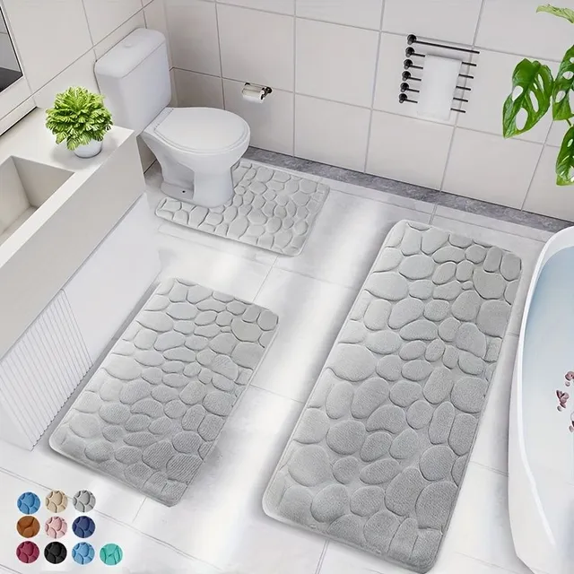 Set of 3 pieces of bathroom mats made of memory foam, anti-slip bath rug, U-shaped toilet mat, soft comfortable shower carpet, bath mat with stone printing monochrome, bathroom decoration, bathroom decoration, kitchen