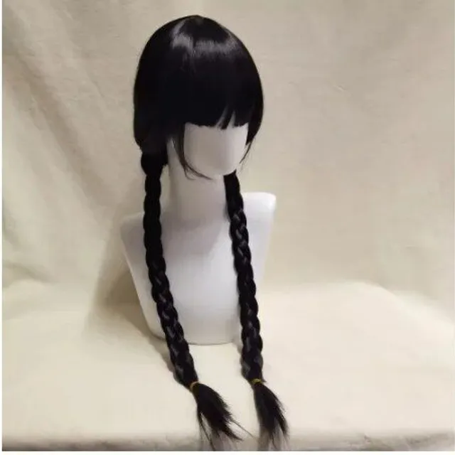 Children's long black double knitted wigs Wednesday for girls 3-10 years old