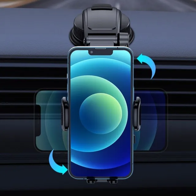 Mobile holder on the dashboard of a car with adjustable positioning for all types of phones