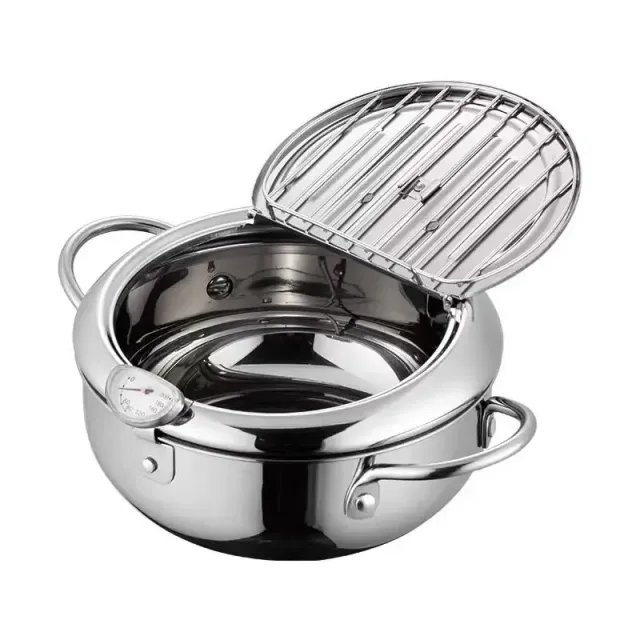 Stainless steel fryer on tempura with lid and thermometer in Japanese style - Simple for cleaning - Suitable for all types of stoves