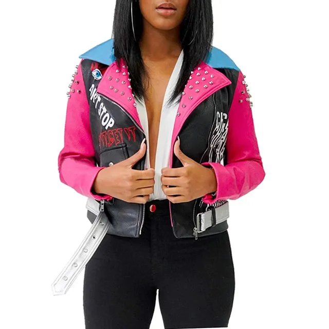 Women's coloured leather jacket with spikes