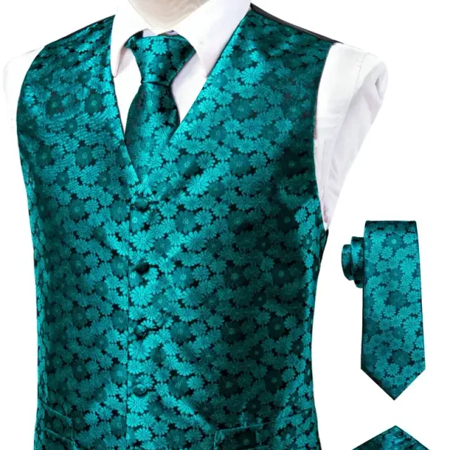 Male vintage sleeveless vest with elegant cut and floral pattern, formal set - vest, tie, cuff links and handkerchiefs