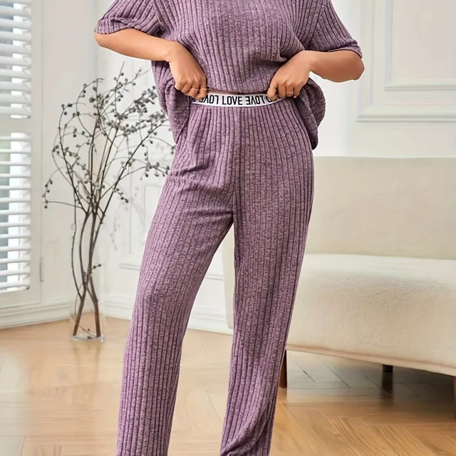 Women's two-piece set, single-colour ribbed knit, short sleeves, round neckline and trousers with hem