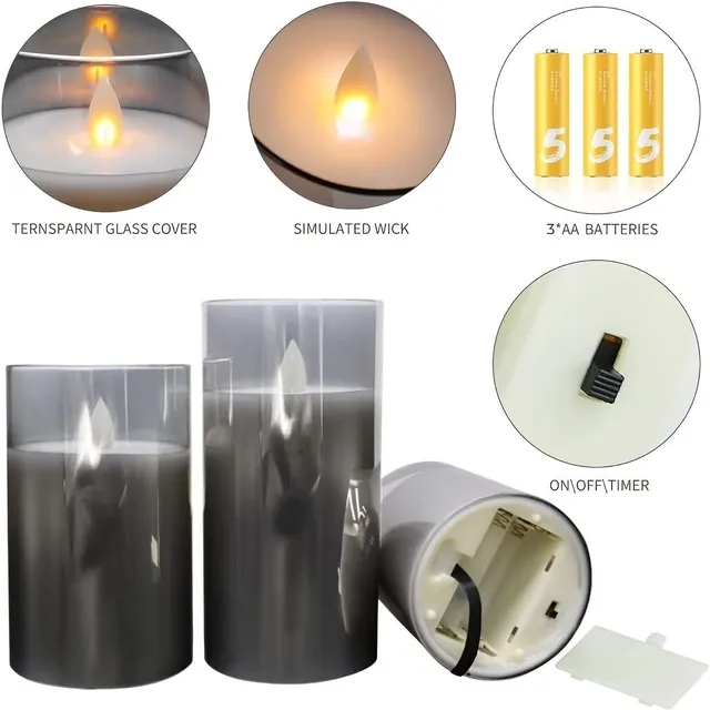 LED candles for batteries with realistic flaming flame and remote control - grey glass design
