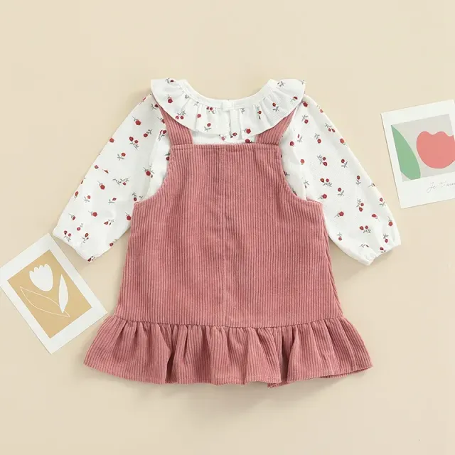 Baby girls overall with long sleeve and floral printing + dress with ruffles for spring and autumn