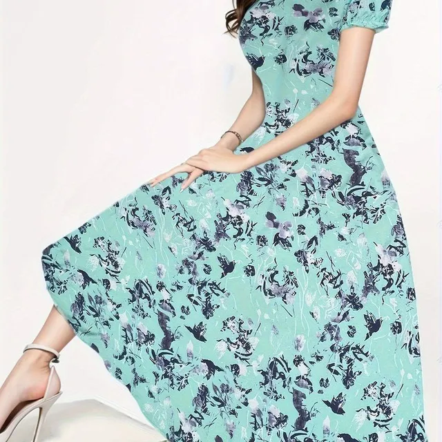 Flower Pattern - Dress with round neckline, Elegant, Short Sleeves (Spring/Summer)