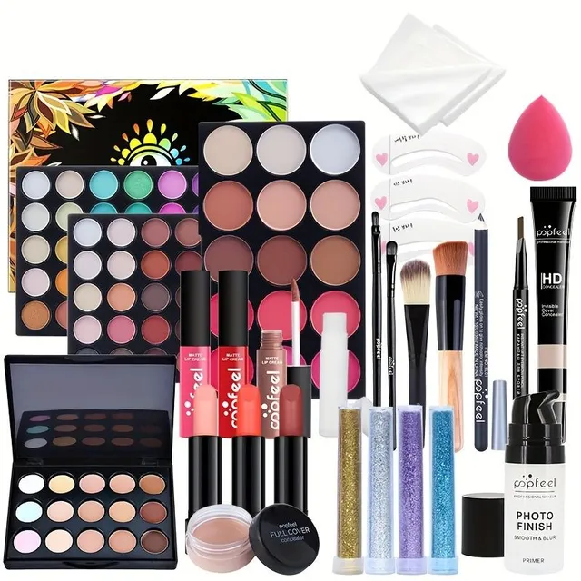 Set of make-up "all in one," light make-up sets for eye lips and face, lip gloss brush with powder face cream with a palette of eye shadow, basic cosmetics for newcomers