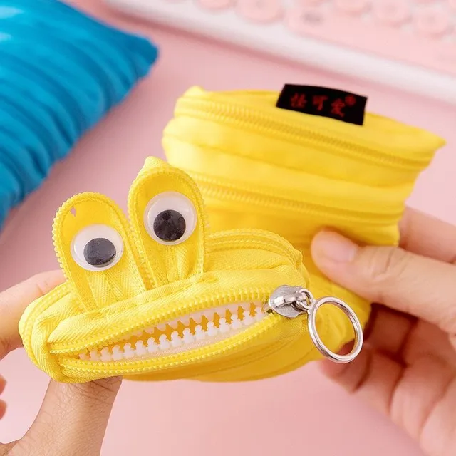 Original modern one-colour funny school pencil case in the shape of a cute worm with moving eyes