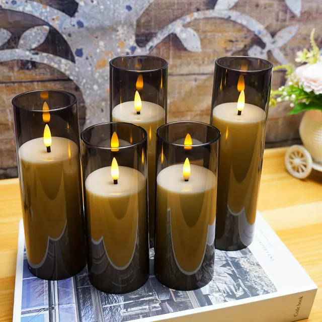 5pcs Flicker Flameless Candle, (H5,84cmxH12,7cm12,7cm15,24cm17,78cm20,32cm) With Remote Control and Timer, LED Candle For Christmas Halloween Wedding Decoration (grey)