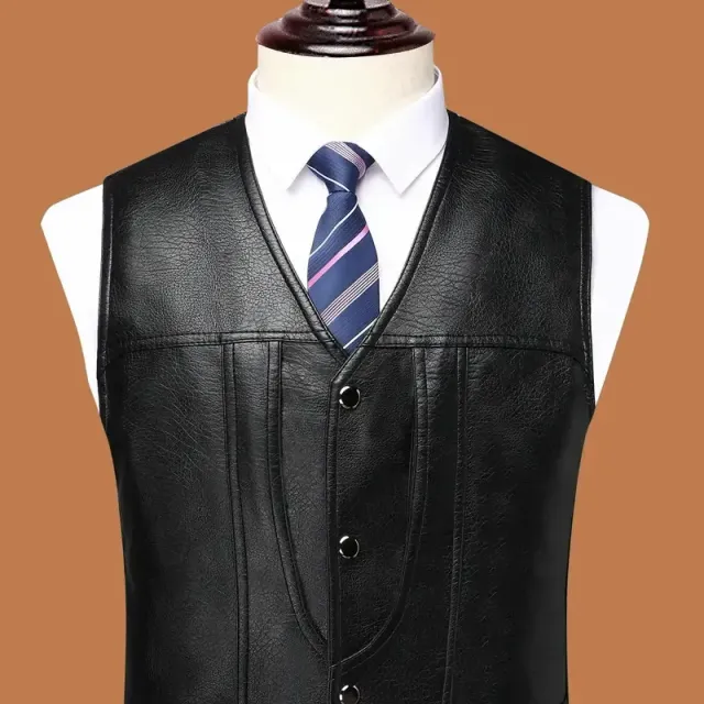 Men's PU leather vest with casual charm, single-row clamping and neckline to V