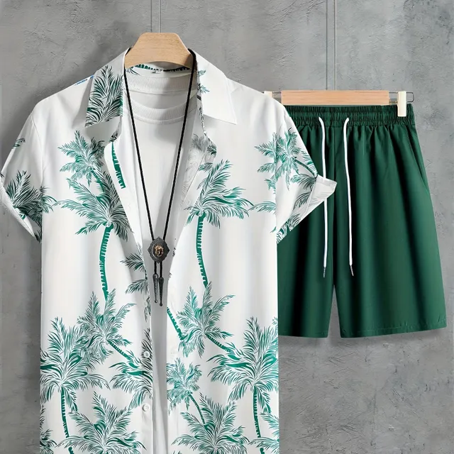 Men's 2-piece set with coconut palm tree print - shirt with collar and pockets and shorts with drawstring