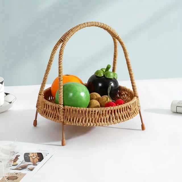 1pc handmade plastic rattan storage basket with handle, round organizer on table, fruit and bread basket, multipurpose woven tray