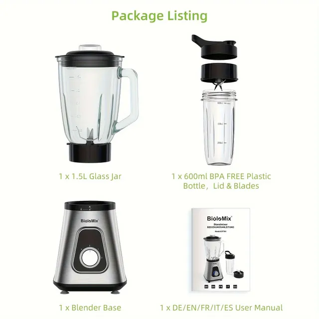 Personal blender with glass container and bottle of plastic without BPA, lid and knife. Ideal for frozen fruit drinks and sauces.
