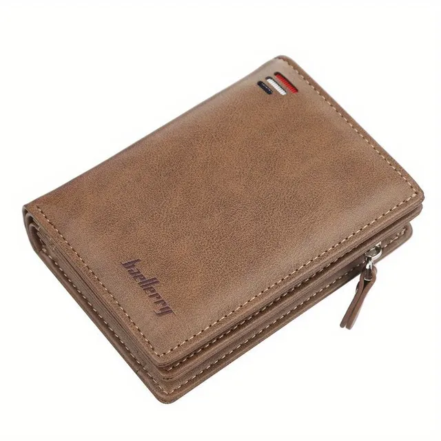 Men's retro short PU leather wallet with multiple card slots, buckle and zipper for bank cards