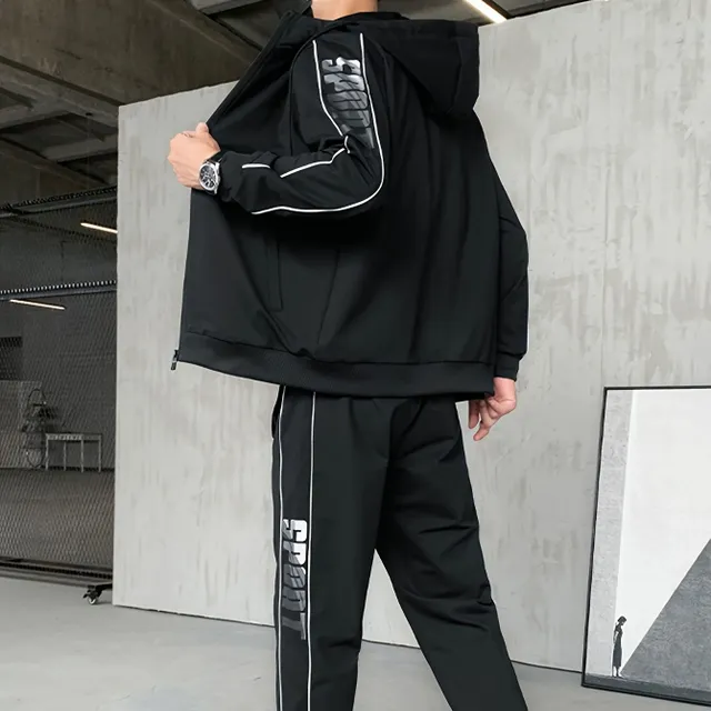 Men's two-piece sports tracksuit - zip-up sweatshirt with long sleeves, hood and comfortable sweatpants