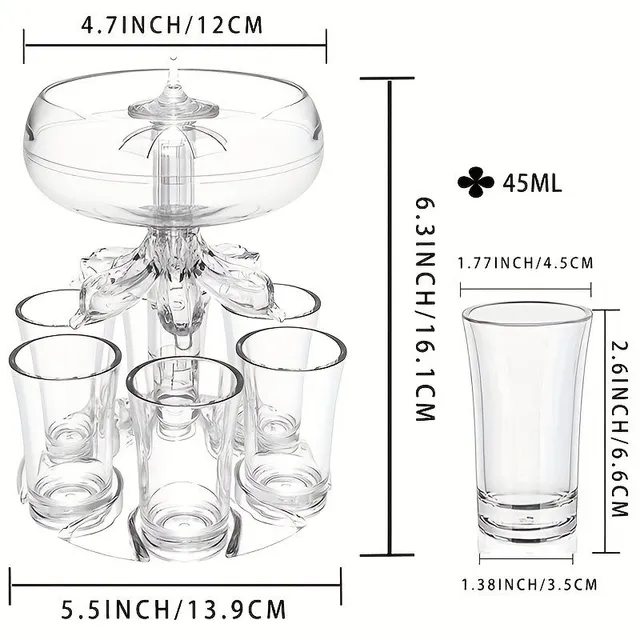 Universal shot dispenser for 6 glasses - adjustable holder for beer and wine glasses - for parties and festivals