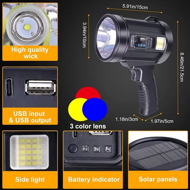 Ultra žiarivé nabíjacie svetlomety 200 000 lumens s stojanom, 3 režimy + 4 farebné filtre, LED vonkajšie + USB kábel