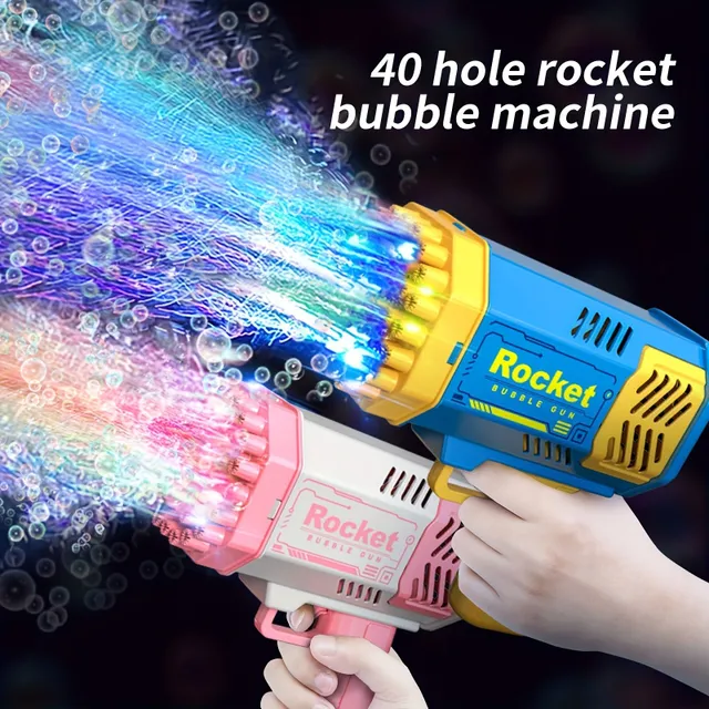 Dětský raketový odpalovač bublin s 40 otvory, automatický, LED světla, přenosný, pro chlapce a dívky