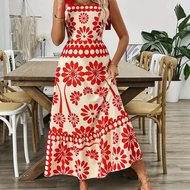 Summer maxi dress with ethnic print and tied shoulder