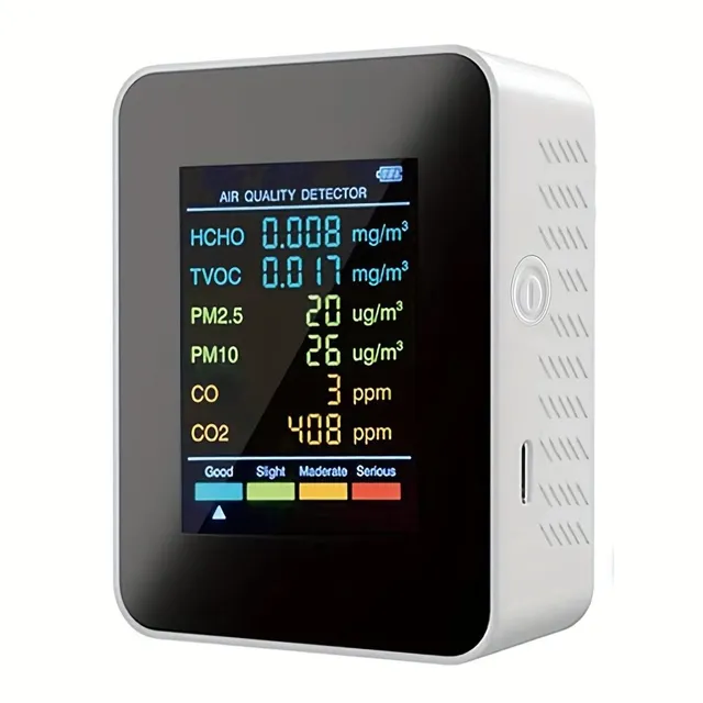 Detector de calitate a aerului 6 în 1 cu măsurare a CO2, PM2.5, PM10, HCHO, TVOC și formaldehid cu ecran LCD și senzor de oxid de carbon