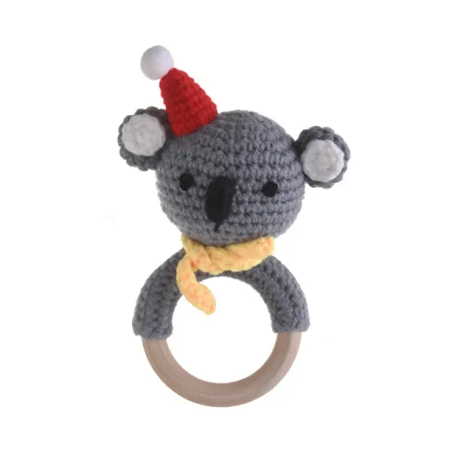 Crochet rattle with cow or koala motif and wooden rings