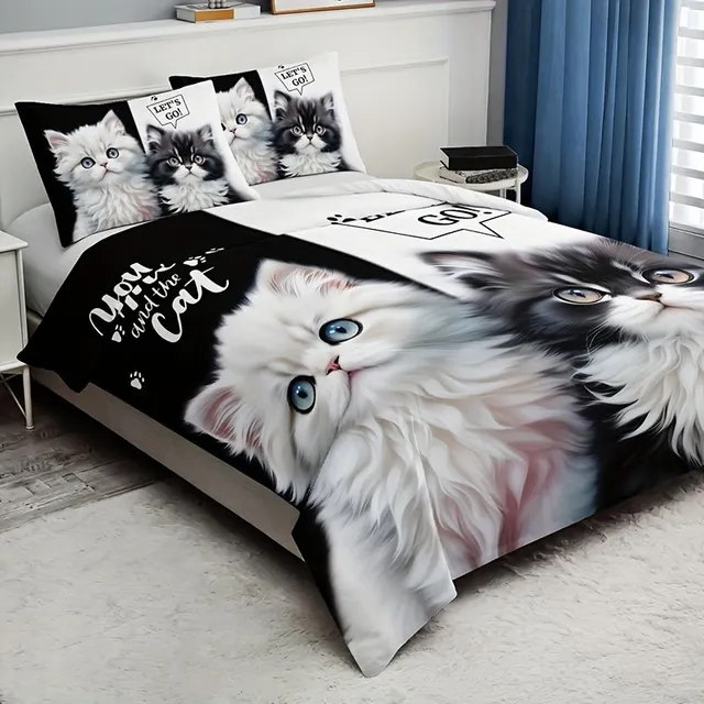 Set of 3 pcs Black and white Cute Kittens On Bedding (1 Bedding on the duvet + 2 On the pillows, Pillows Not included), Soft and Breathable HD Printing Set On Valentine's Day Pro Home A Dorm