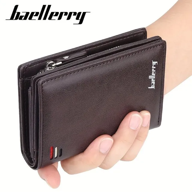 Men's retro short PU leather wallet with multiple card slots, buckle and zipper for bank cards