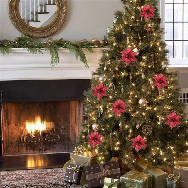 13 cm-es nagy virágfej csillámmal Mesterséges selyem virág karácsonyfa dísz DIY karácsony dekoráció Újévi dekoráció